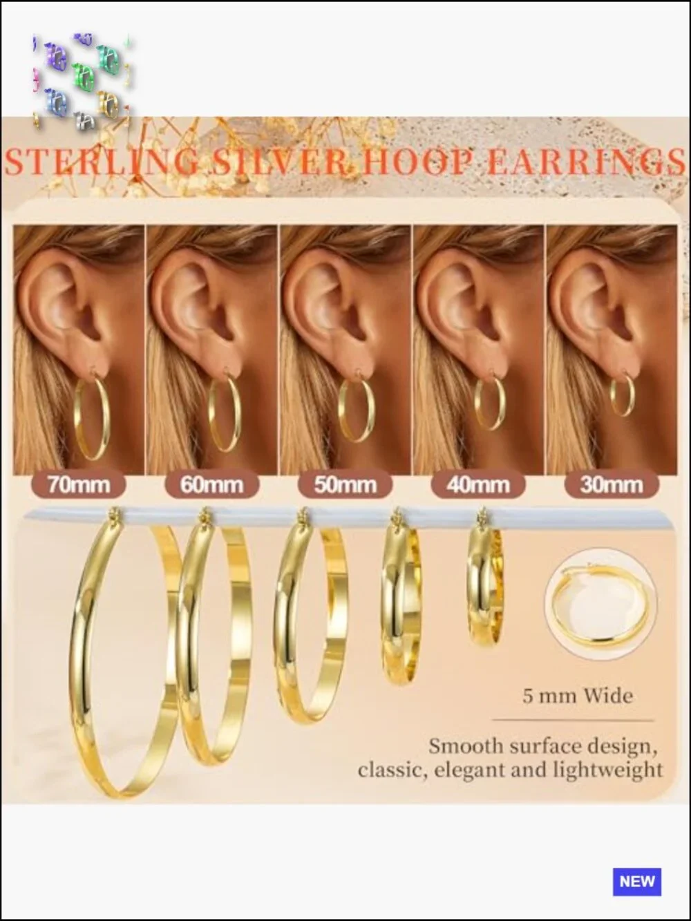 Large Hoop Earrings 5mm Wide Sterling Silver Lightweight Gold Plated